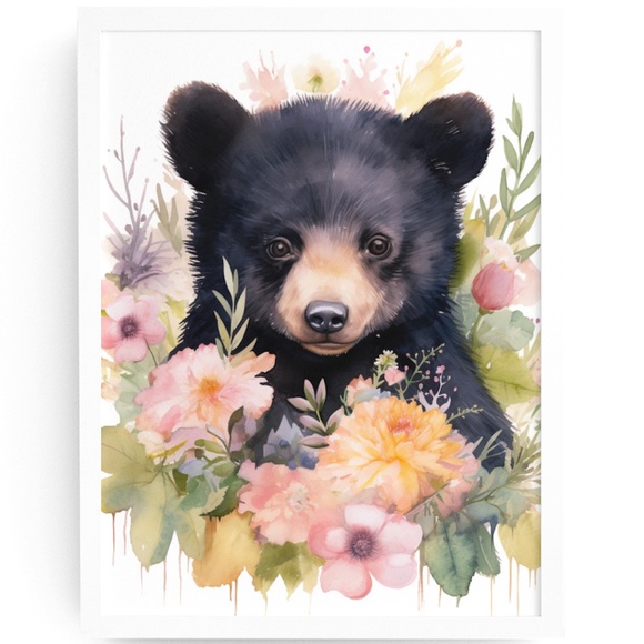 Watercolor Floral Black Bear Portrait Wall Art Illustration Print Unframed - Picture 1 of 5